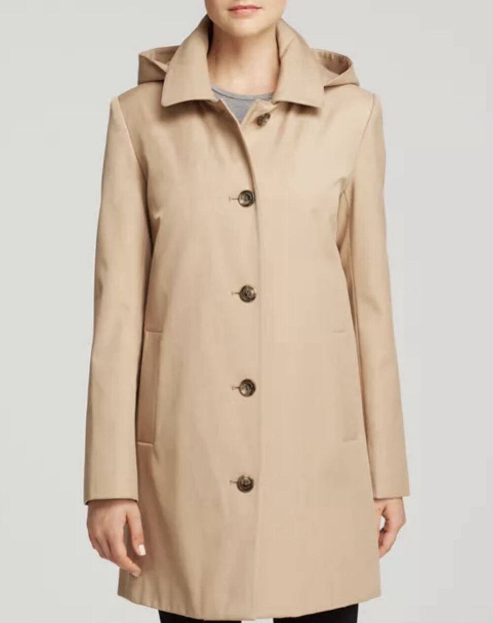 LRL Women Beige Hooded Trench Rain Coat Equestrian Print Lining XS